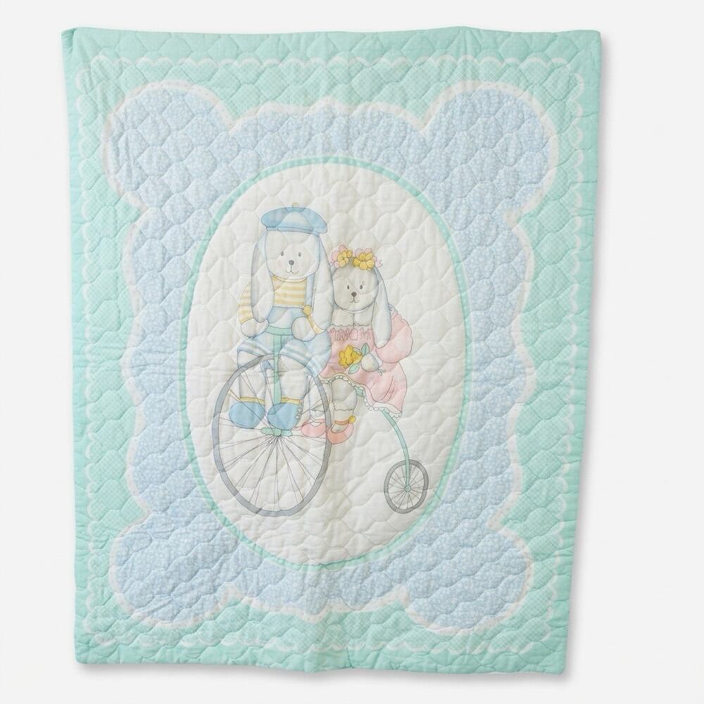 Vtg That's Our Baby Quilted Crib Nursery Blanket Bunnies Parents 80s 90s Pastel